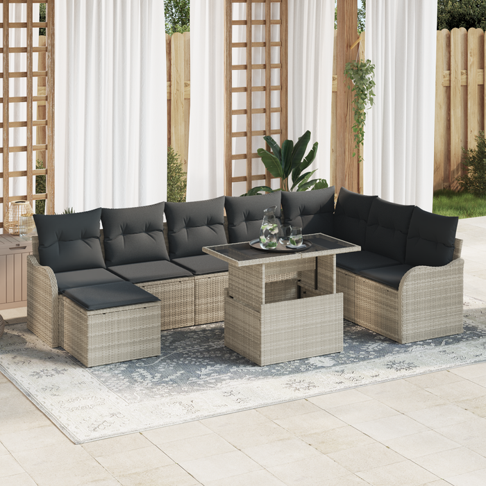Set Divano da Giardino  9 Pezzi con Cuscini Grigio Chiaro Polyrattan
