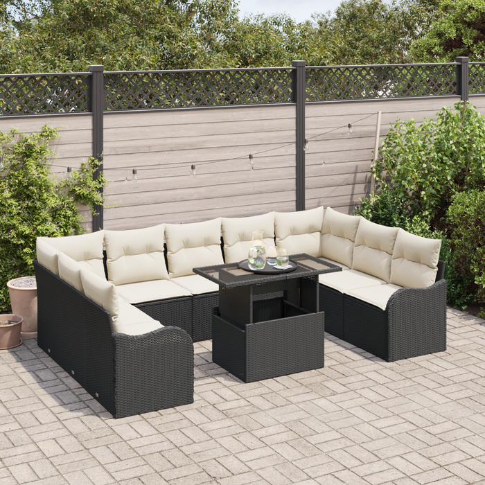 Set Divano da Giardino con Cuscini  10 Pezzi Rattan Poli Nero
