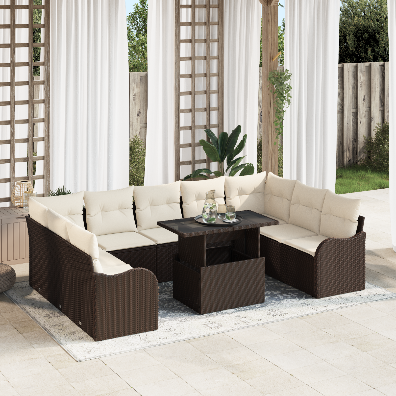 Set Divano da Giardino in 10 Pezzi con Cuscini Marrone Polyrattan