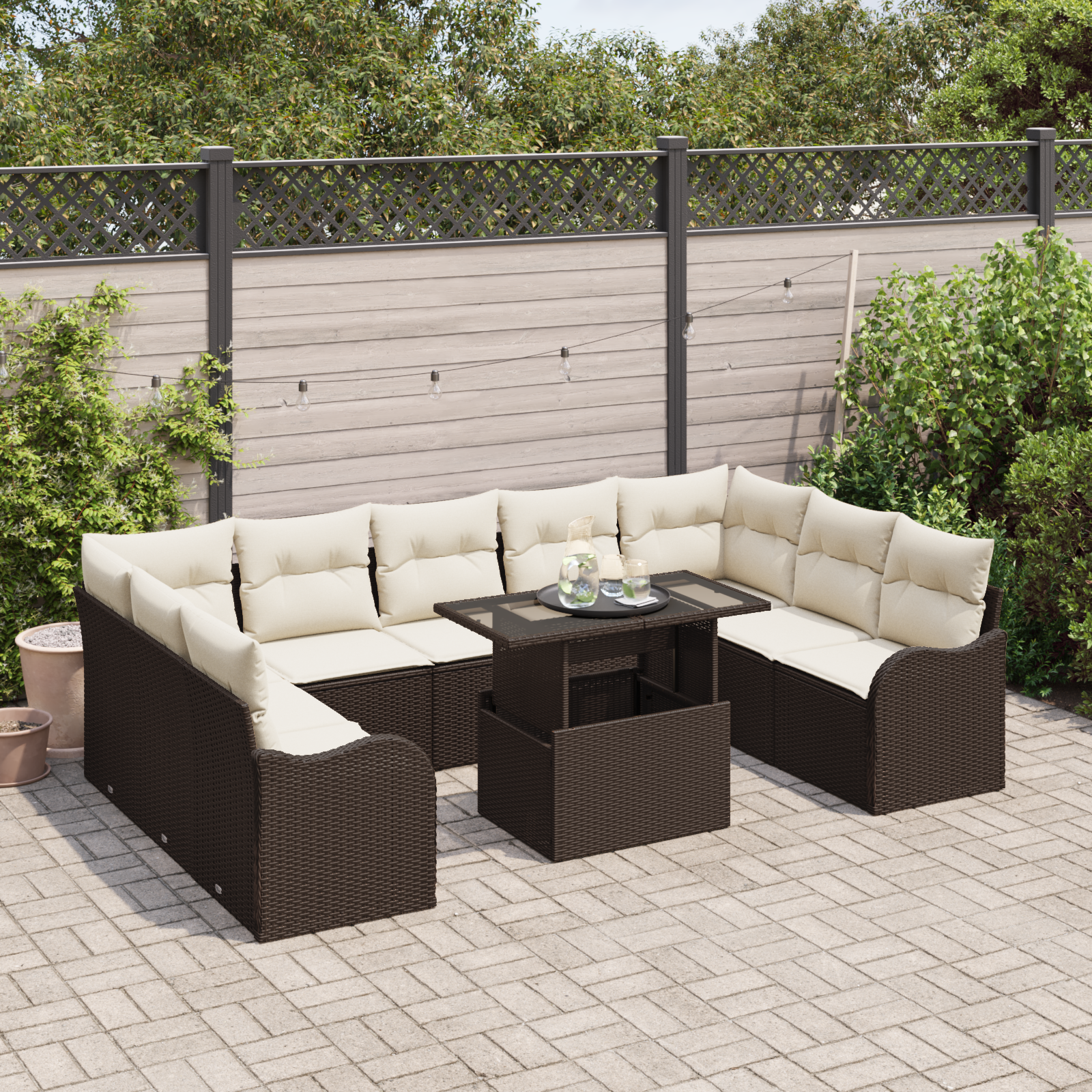 Set Divano da Giardino in 10 Pezzi con Cuscini Marrone Polyrattan