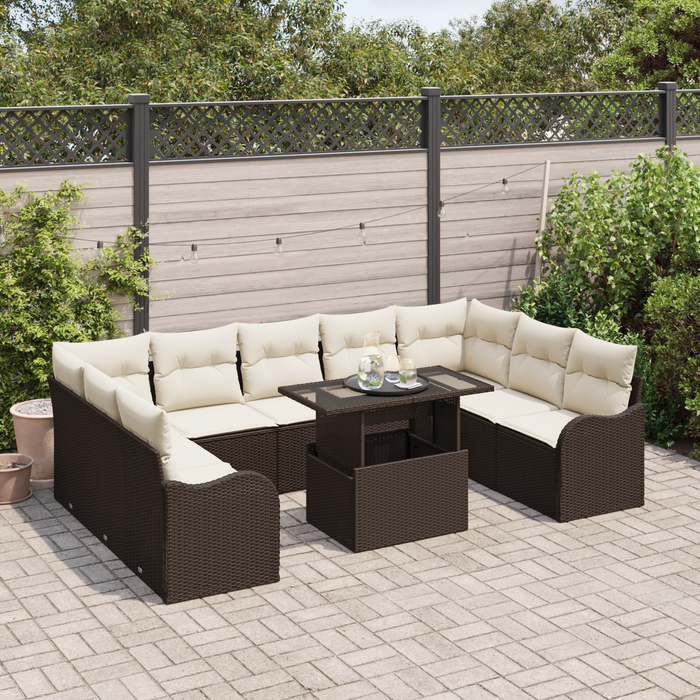 Set Divano da Giardino in 10 Pezzi con Cuscini Marrone Polyrattan