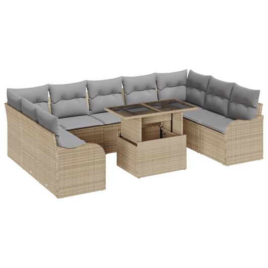 Set di Sofà da Giardino 10 pezzi con Cuscini Beige Polyrattan