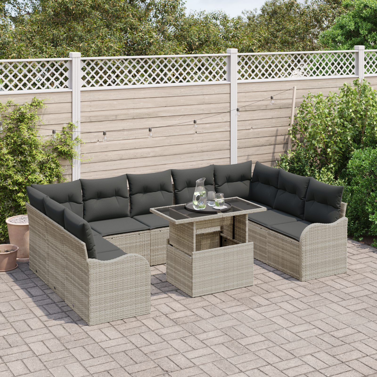 Set Divano da Giardino  10 Pezzi con Cuscini Grigio Chiaro Poly Rattan