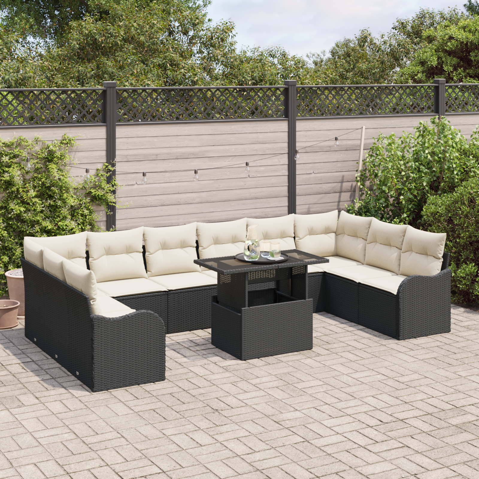 Set Divano da Giardino  11 Pezzi con Cuscini Rattan Nero
