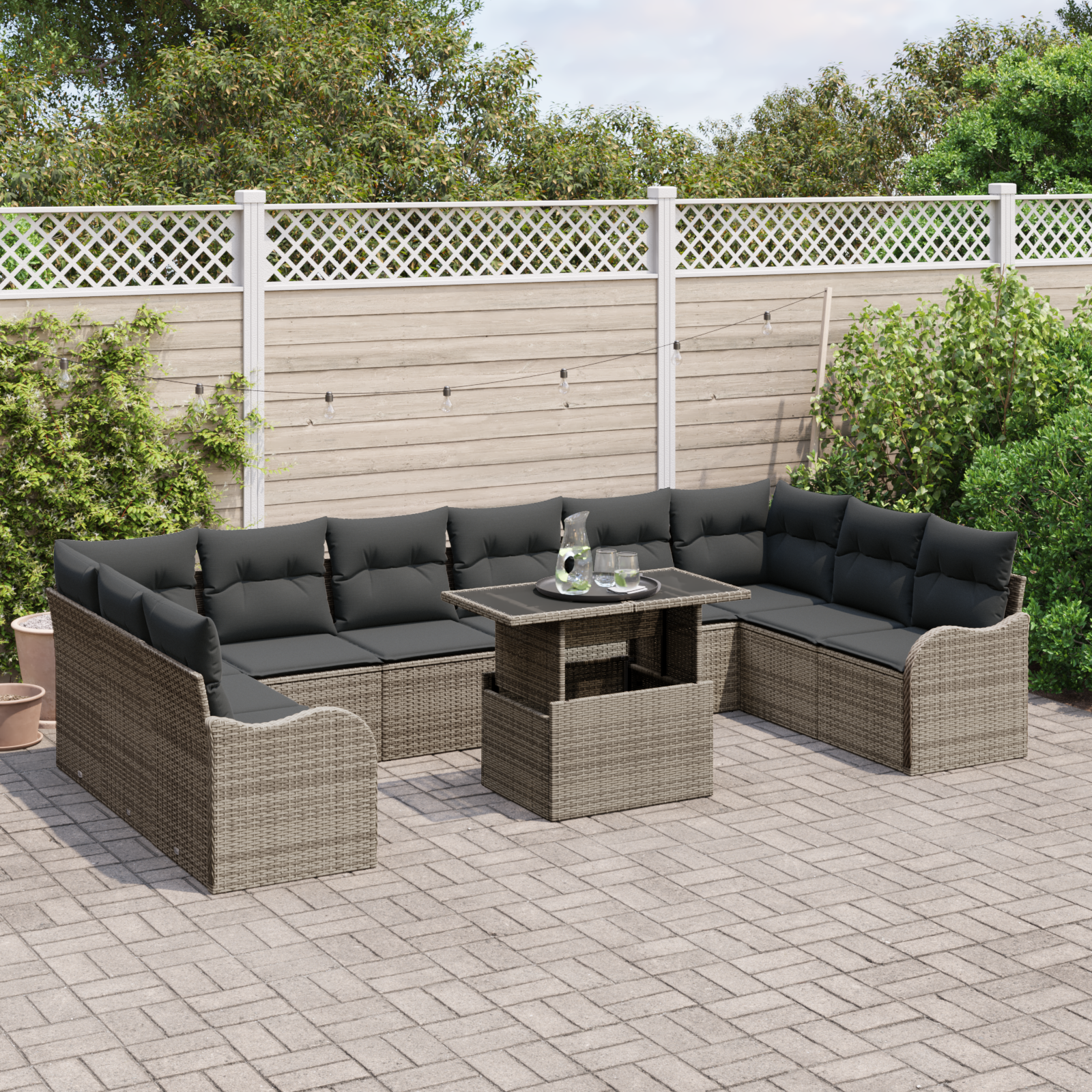 Set Divano da Giardino  11 pezzi con cuscini Grigio in Rattan Sintetico
