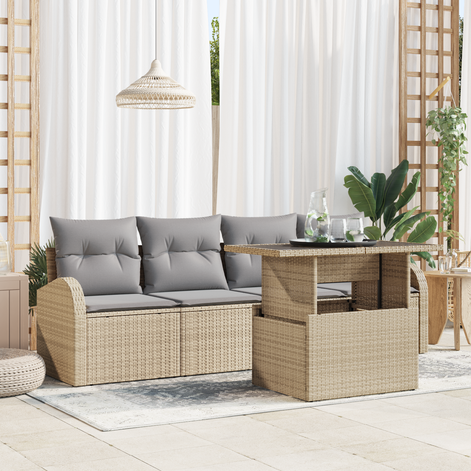 Set di Divano da Giardino  5 Pezzi con Cuscini Beige Polyrattan