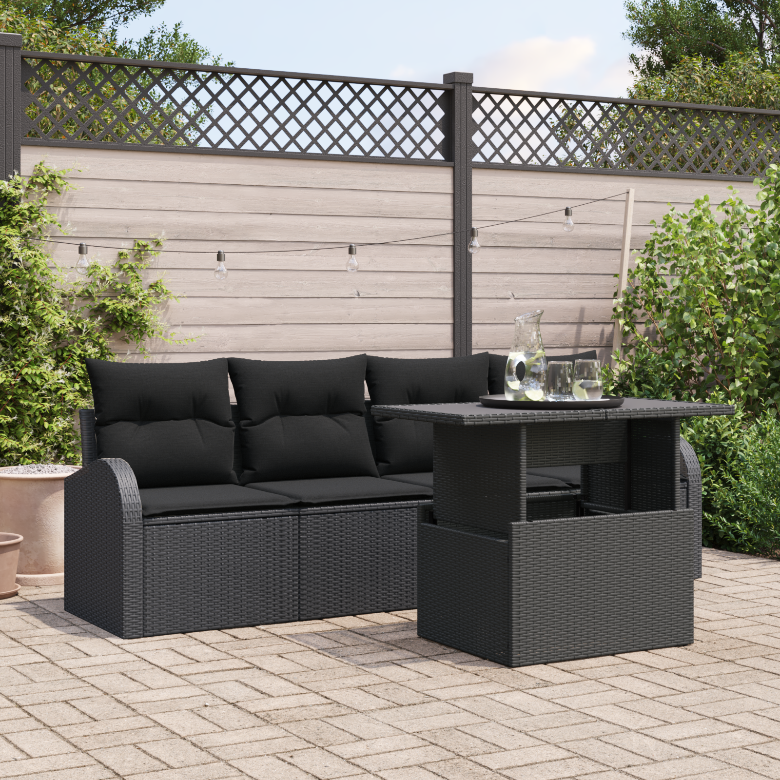 Set di Divani da Giardino in 5 Pezzi con Cuscini Nero Polyrattan