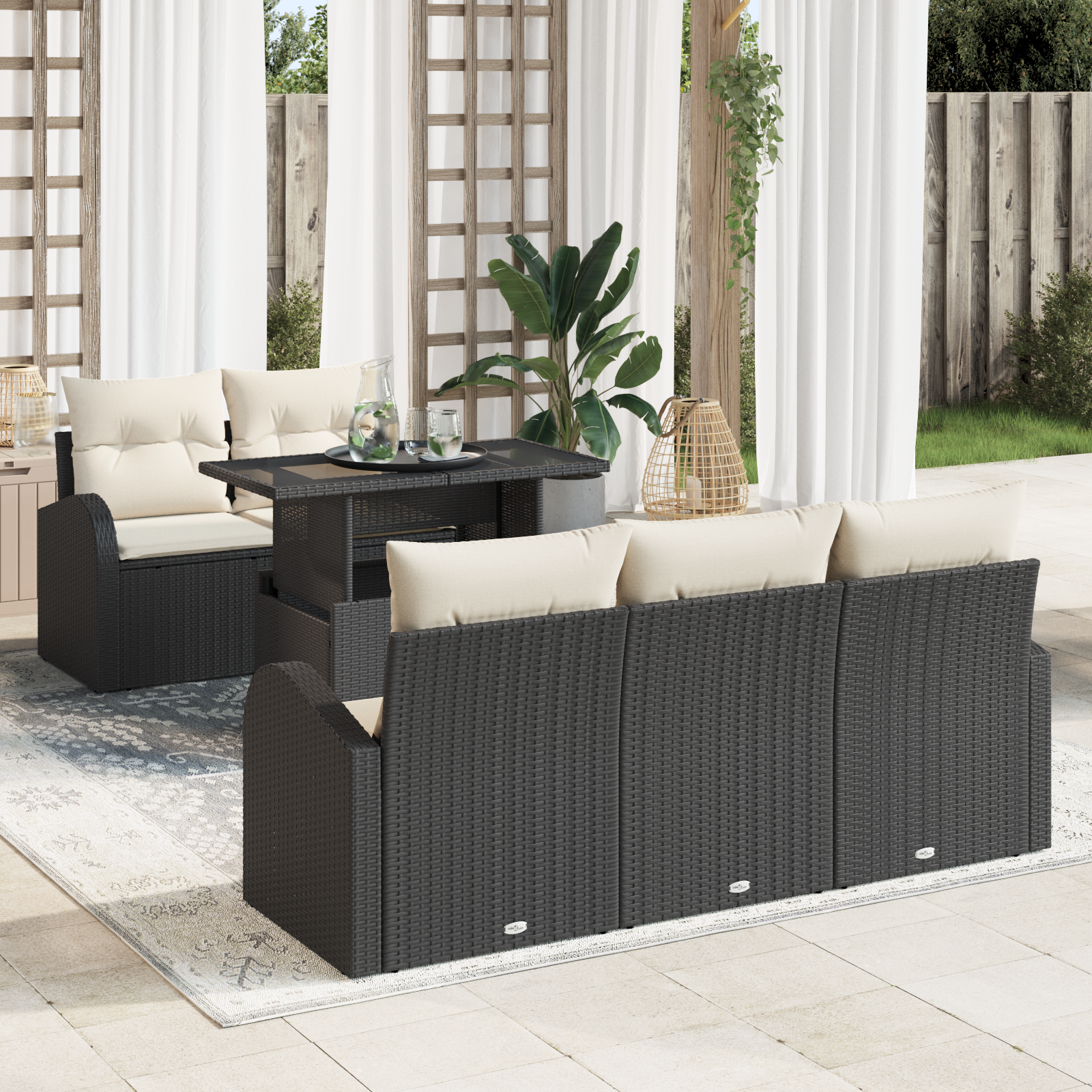 Set divani da giardino a 6 pezzi con cuscini neri in polyrattan