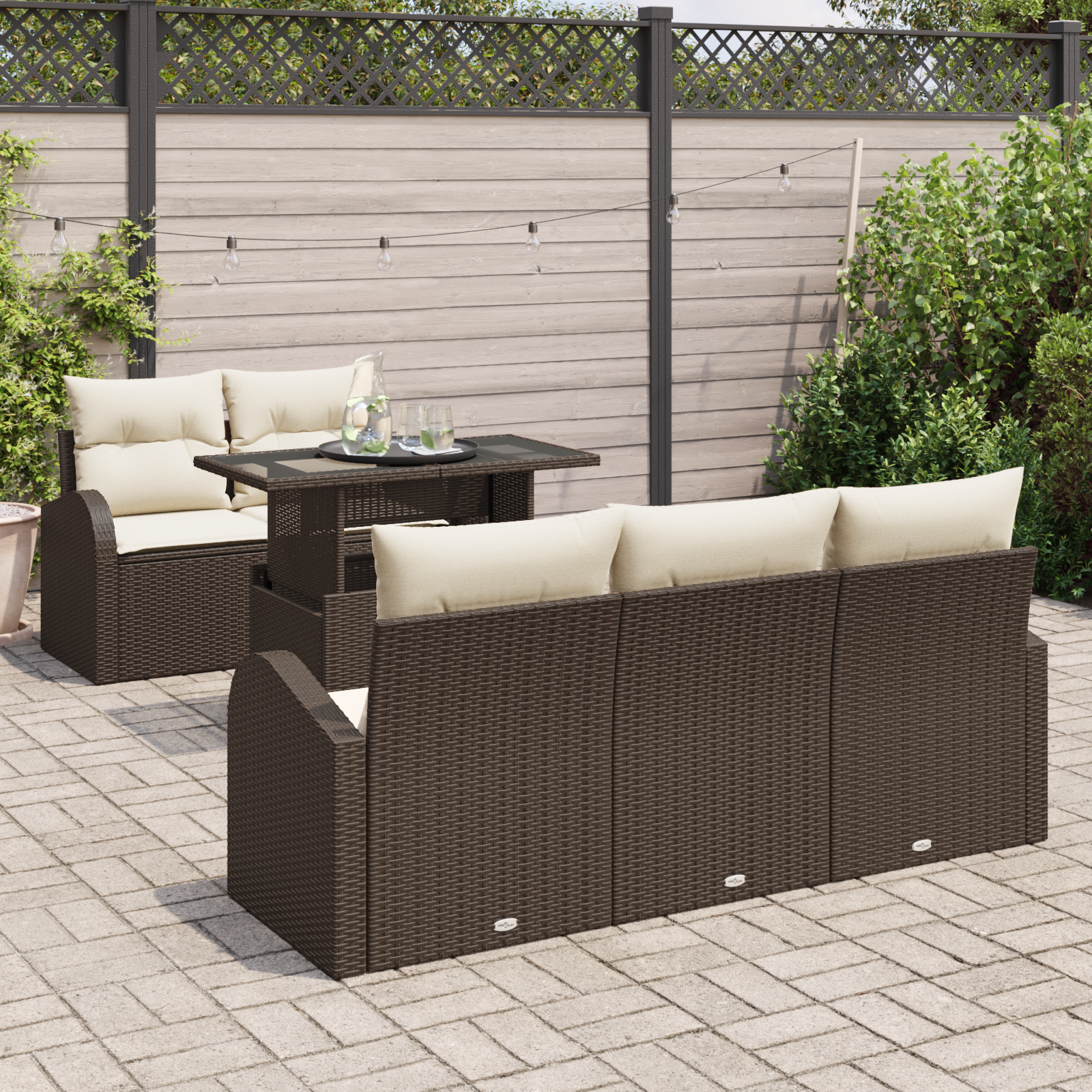 Set di divani da giardino a 6 pezzi con cuscini in polyrattan marrone di