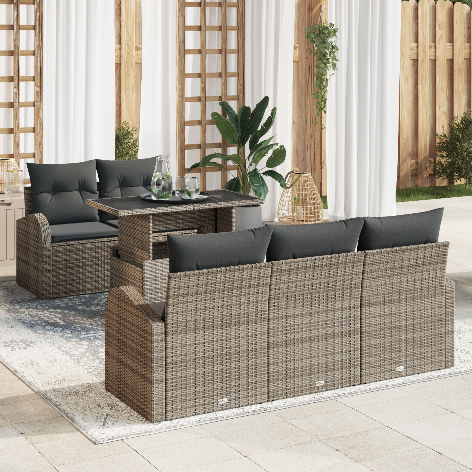 Set Divano da Giardino  6 Pezzi con Cuscini Grigio Rattan Polietilene