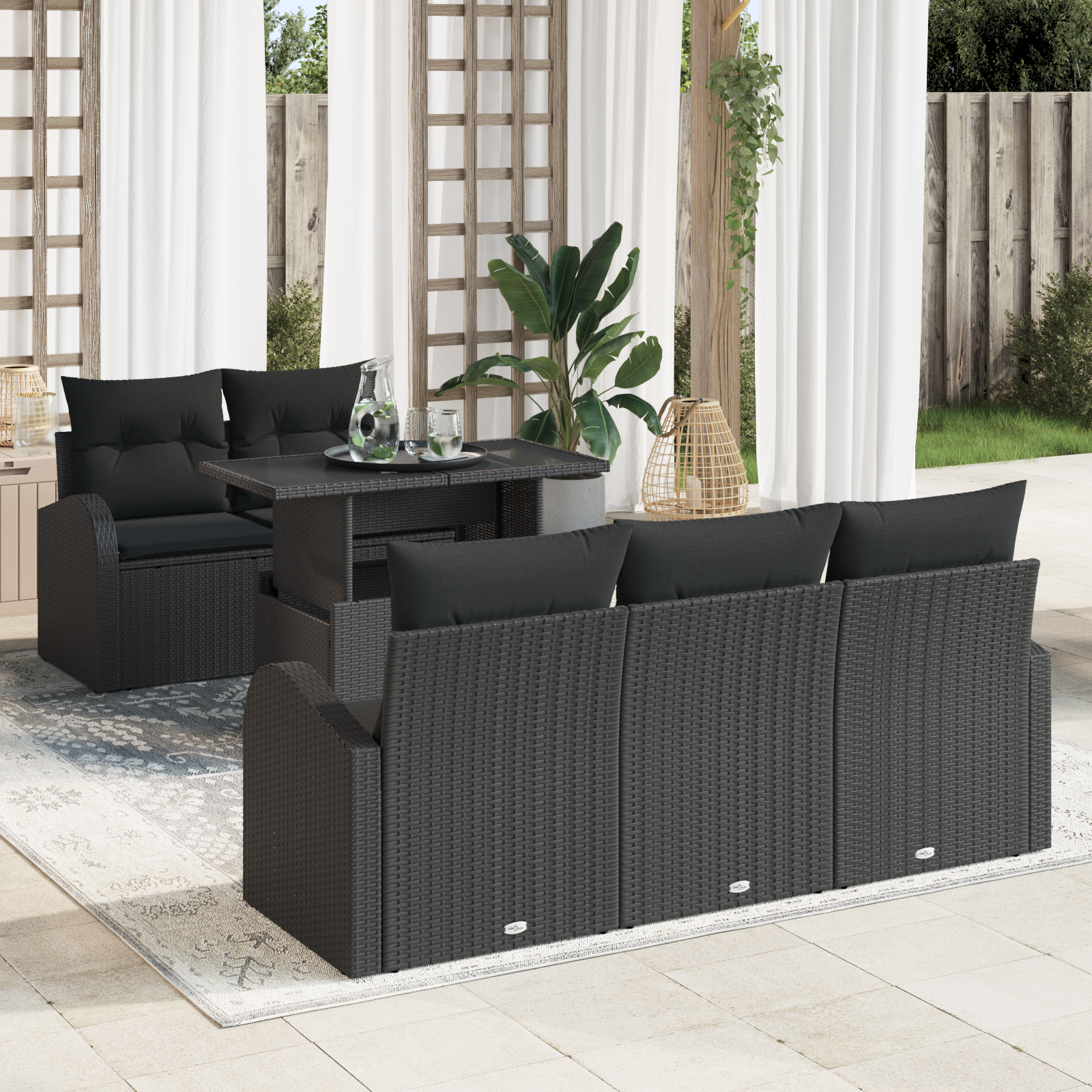 Set da Giardino in 6 Pezzi con Cuscini Nero Rattan Polyrattan