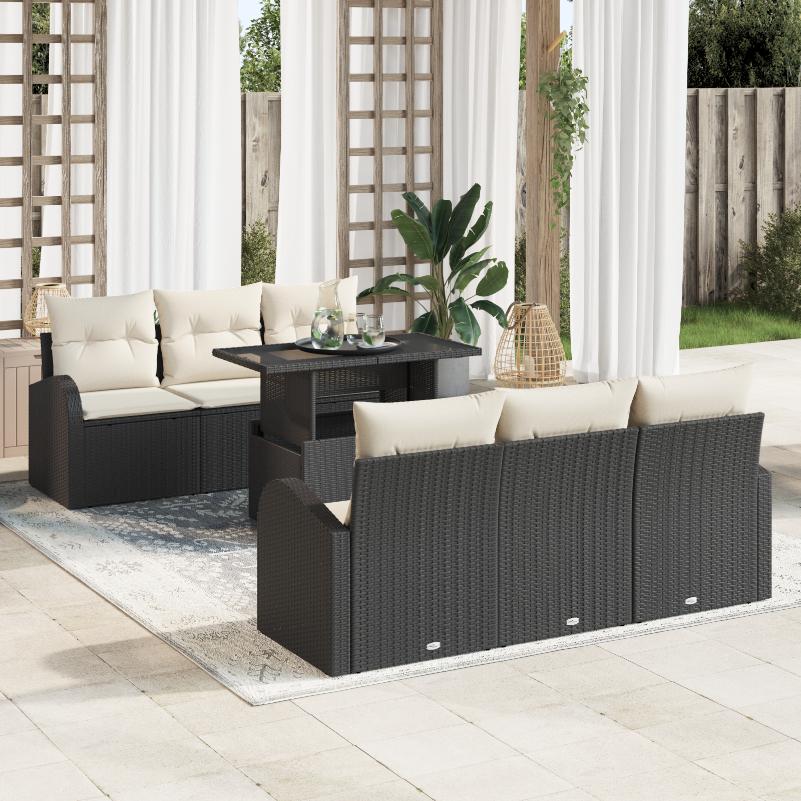 Set Divano da Giardino  7 Pezzi con Cuscini Rattan Polietilene Nero
