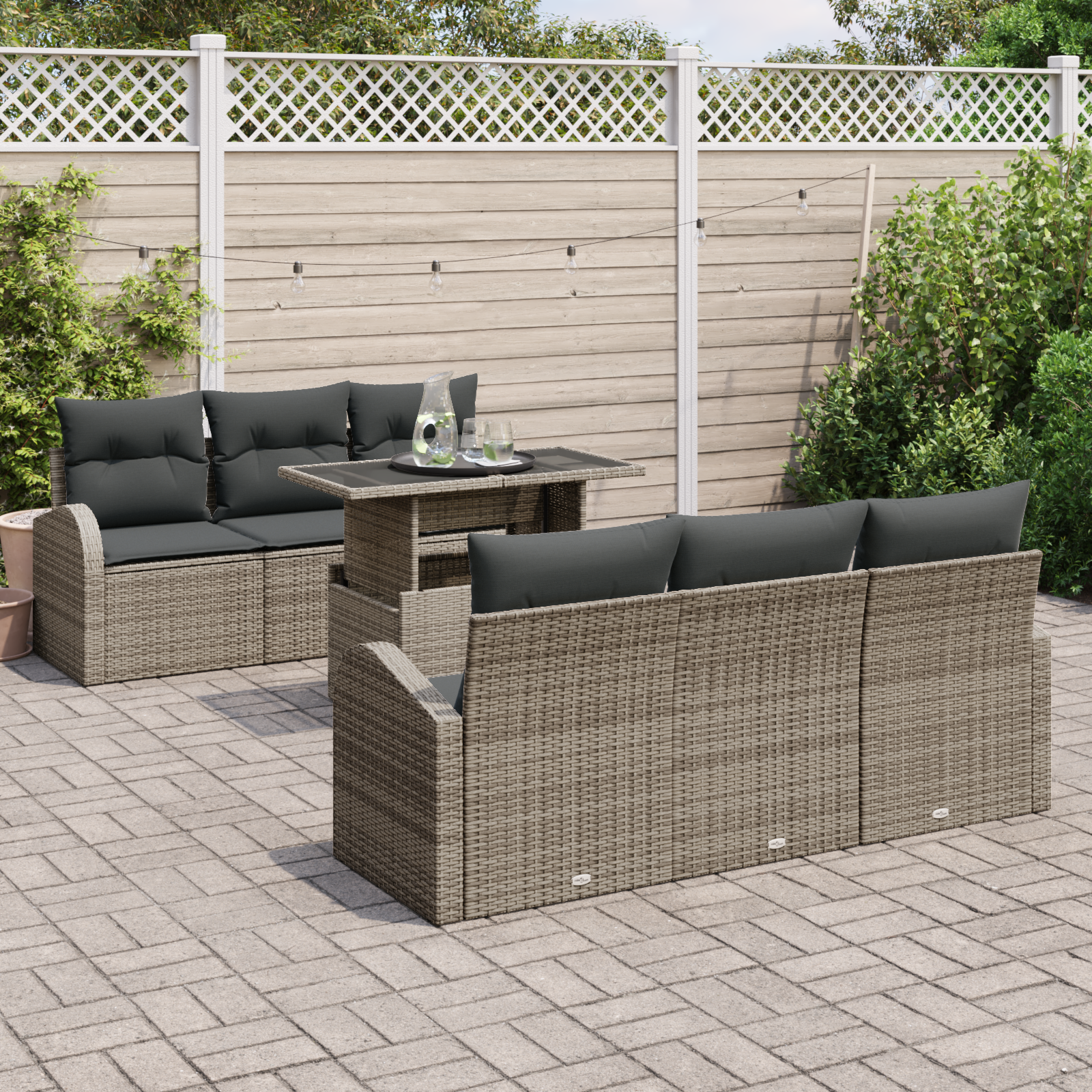 Set divani giardino 7 pezzi  con cuscini grigi in polyrattan