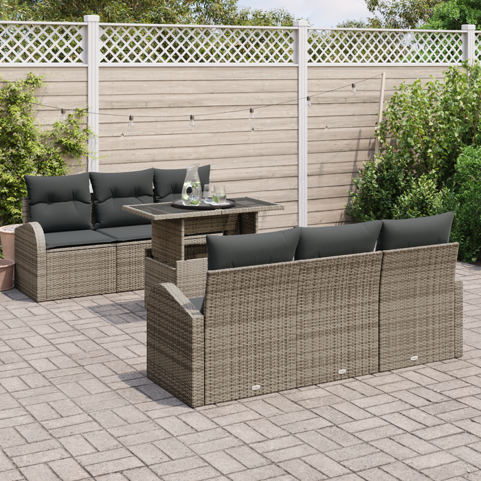 Set divani giardino 7 pezzi  con cuscini grigi in polyrattan