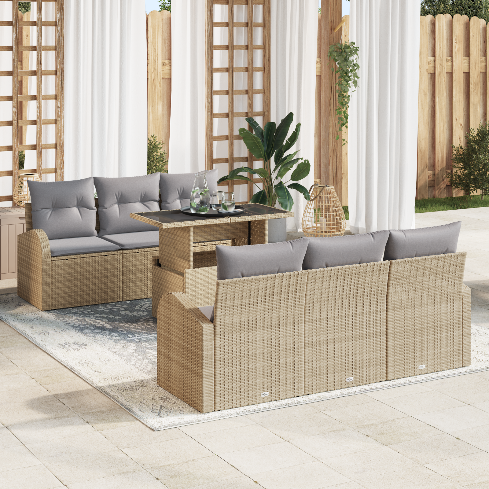 Set Divano da Giardino 7 Pezzi con Cuscini Beige Polyrattan