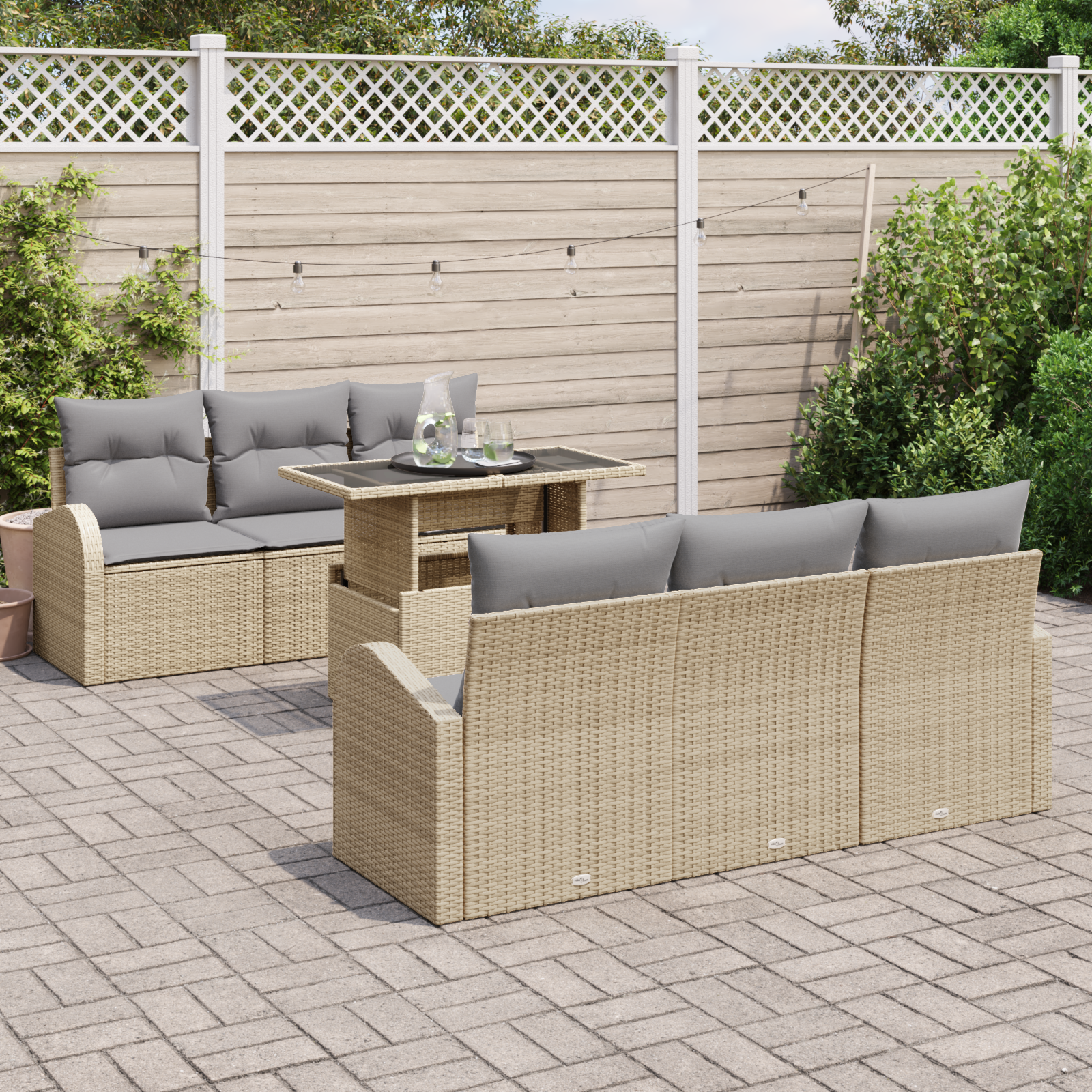 Set Divano da Giardino 7 Pezzi con Cuscini Beige Polyrattan