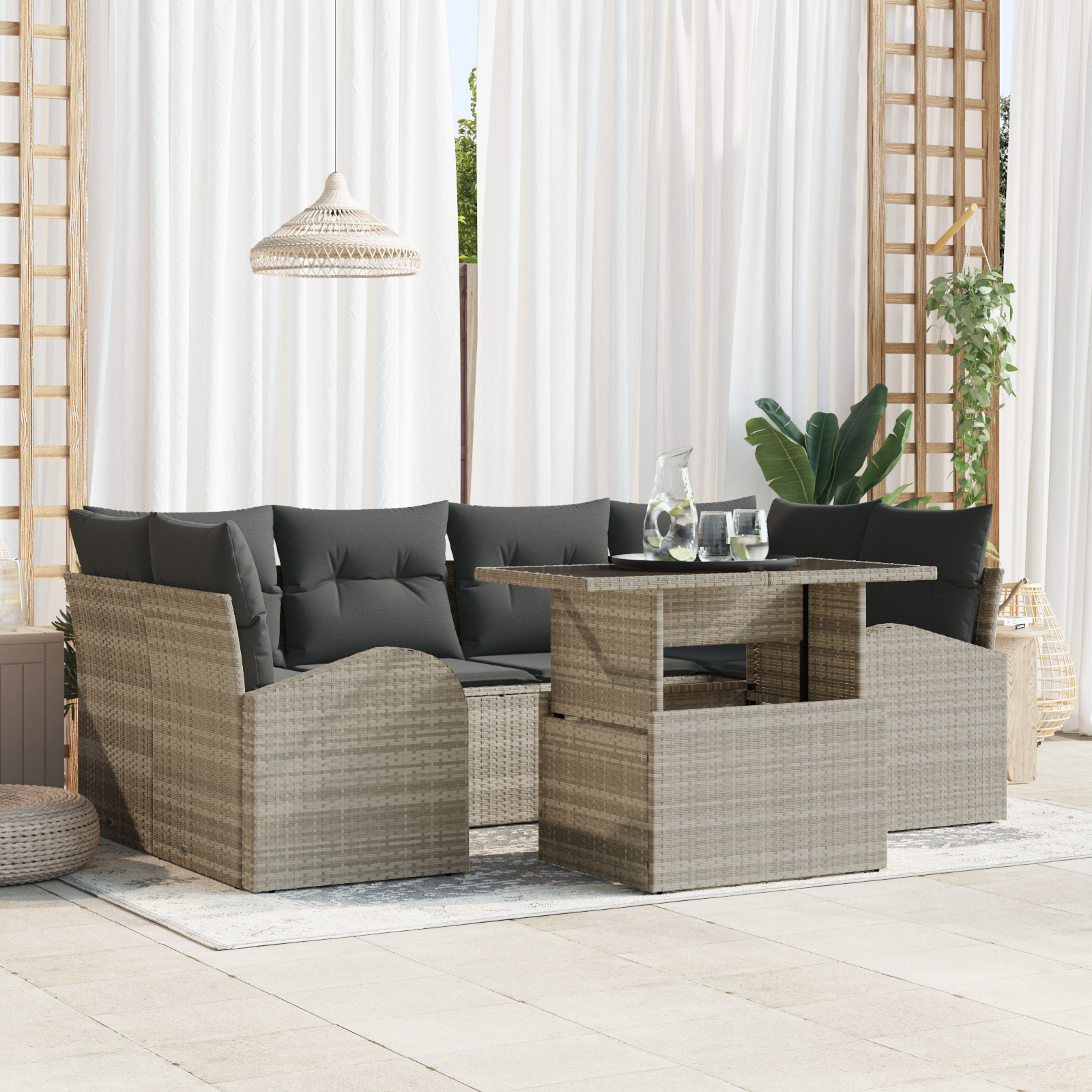 Set Divano da Giardino  7 Pezzi con Cuscini Grigio Chiaro Polyrattan
