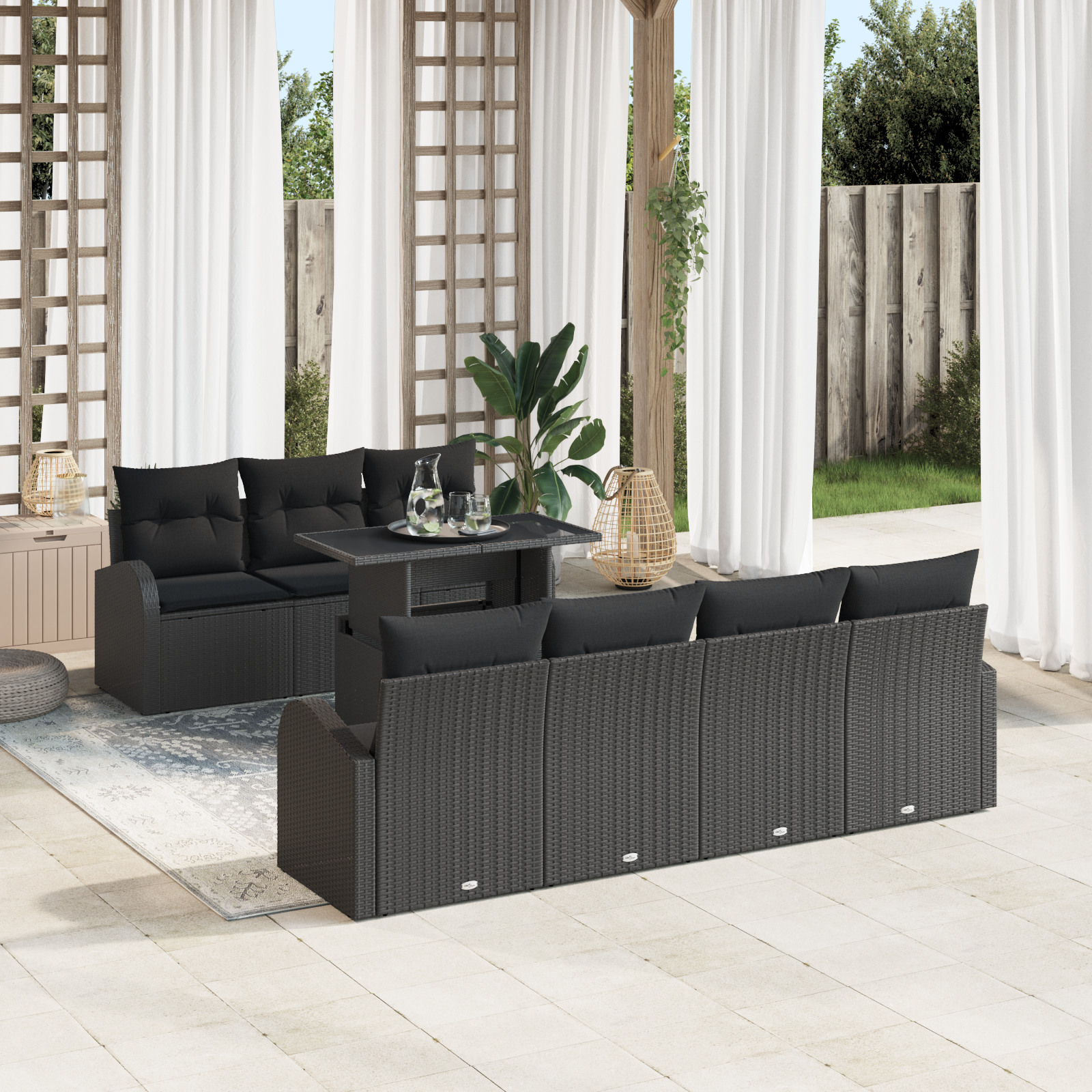 Set Divano da Giardino Con Cuscini di 8 Pezzi Nero Polyrattan