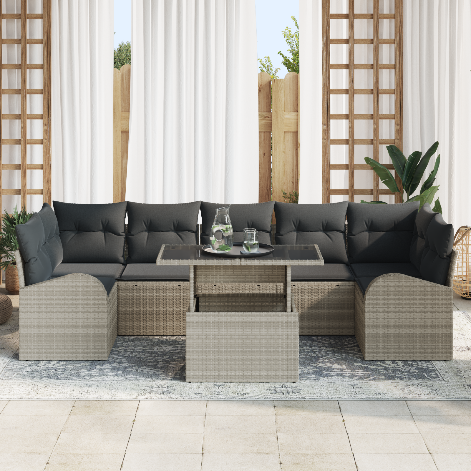 Set di Sofà da Giardino 8 Pezzi con Cuscini Grigio Chiaro Rattan Polivinilico