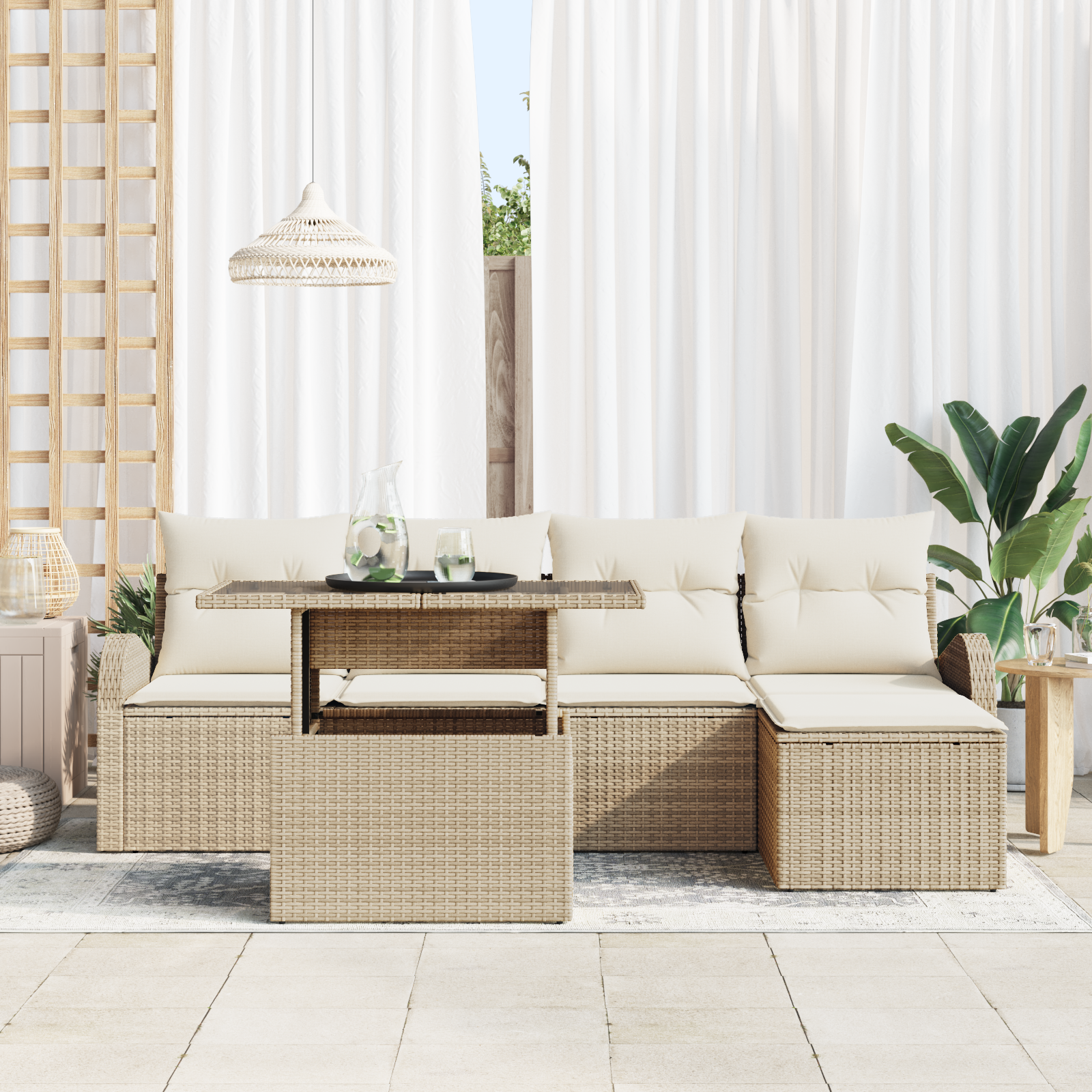 Set di Divani da Giardino  6 Pezzi con Cuscini Beige in Rattan Sintetico