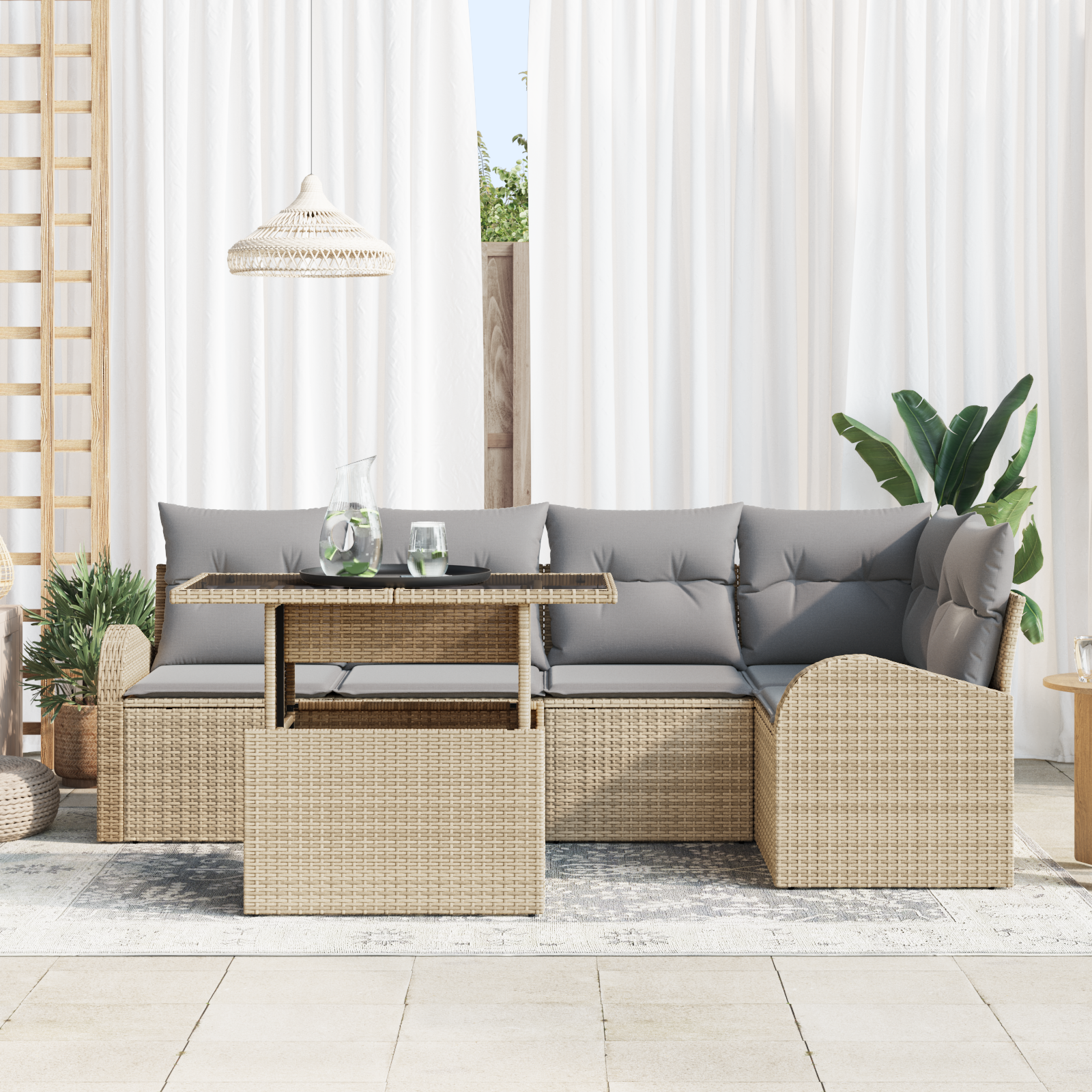 Set di Sofà da Giardino  6 Pezzi con Cuscini Beige Rattan Polietilene