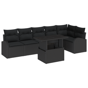 Set di Divano Giardino da 7 Pezzi con Cuscini in Polyrattan Nero