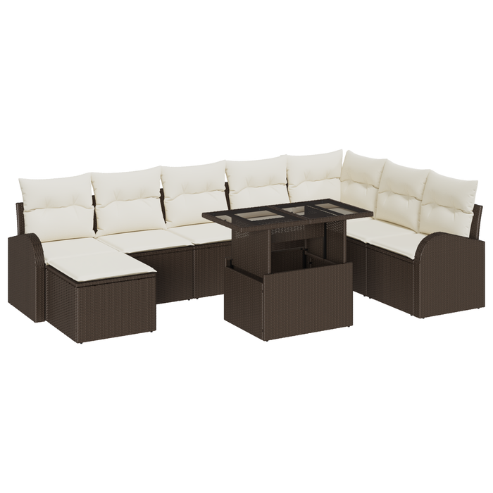 Set divano da giardino 9 pezzi con cuscini in polyrattan marrone