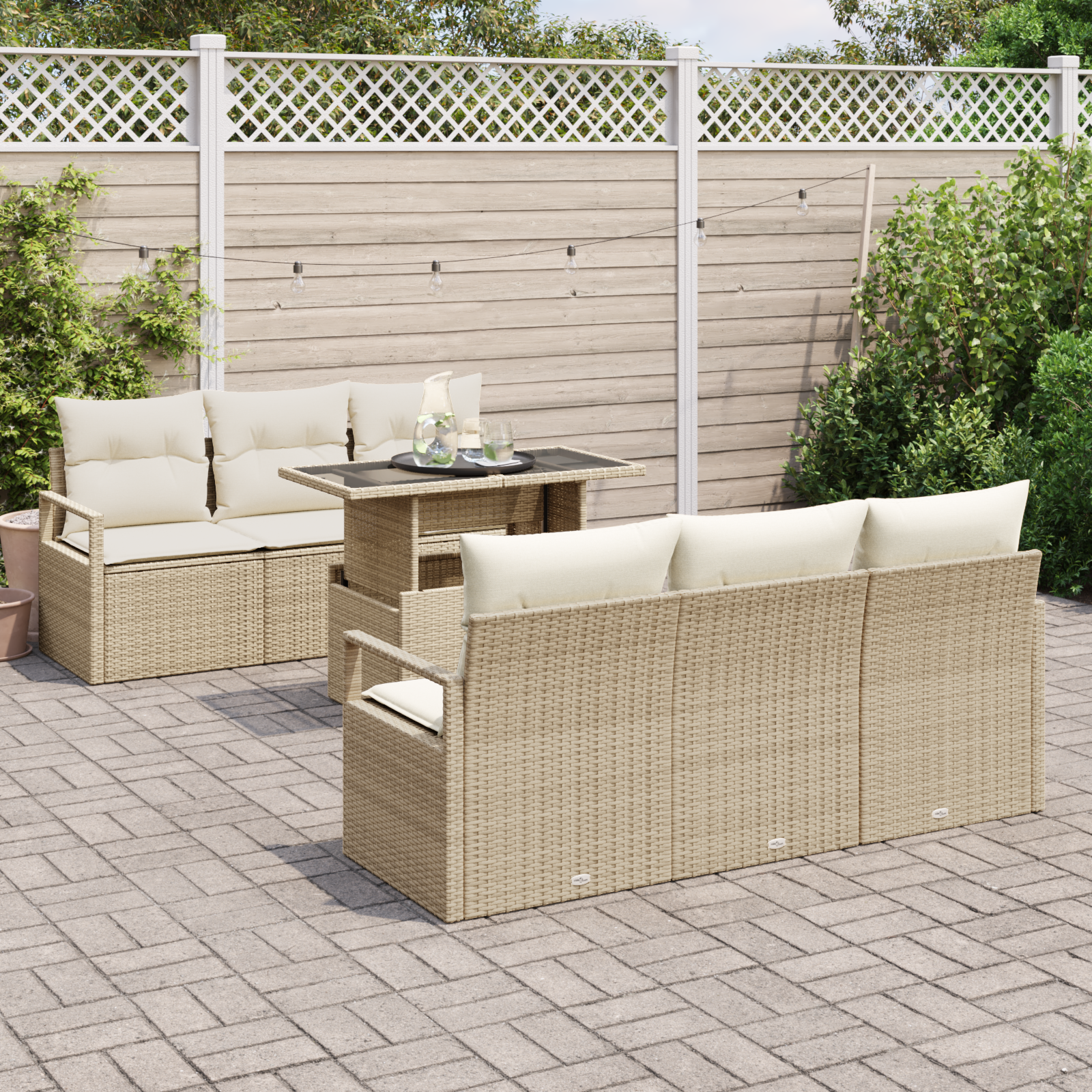 Set Divano da Giardino  con Cuscini Beige Rattan Poliestere