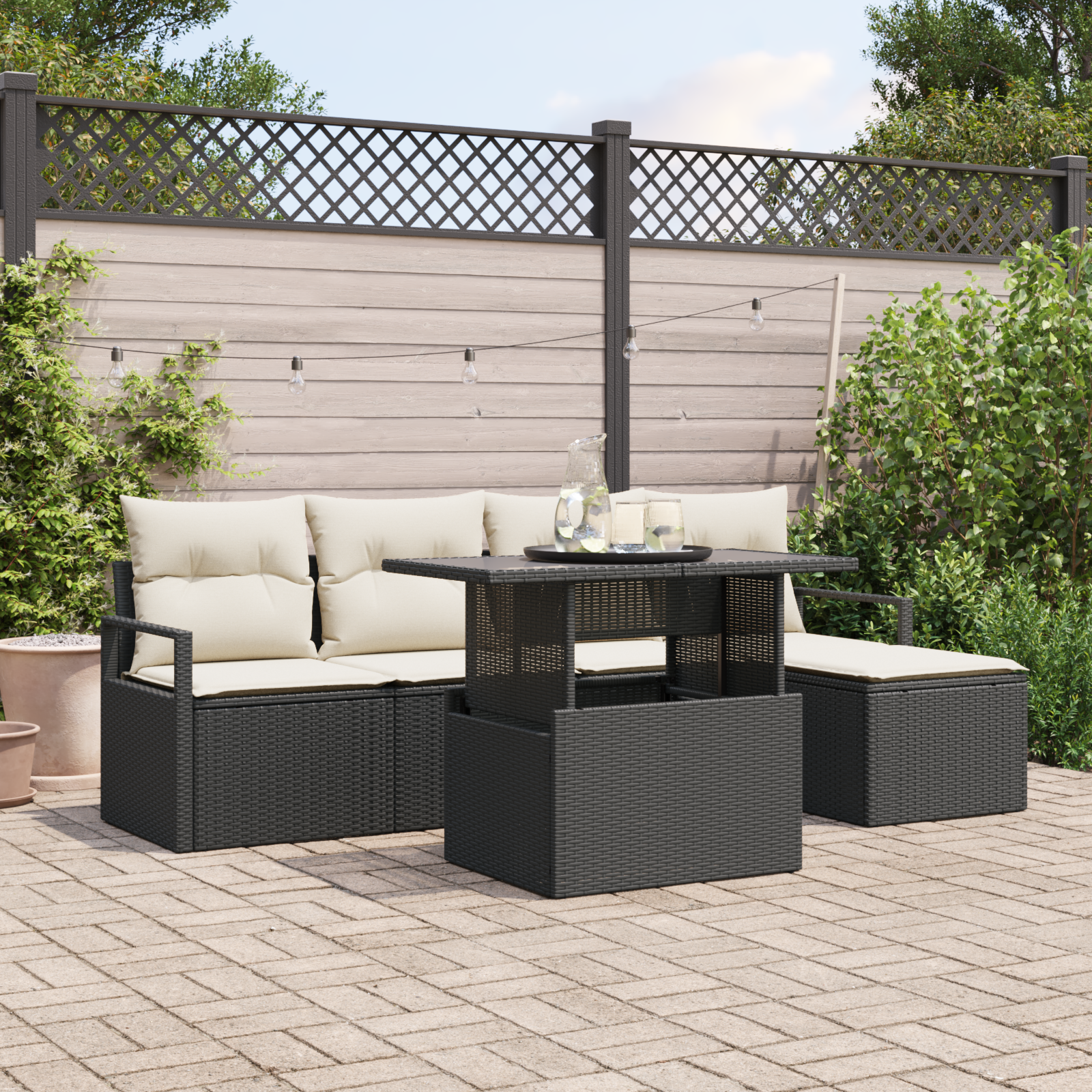 Set divani da giardino con cuscini  6 pezzi in rattan poliestere nero