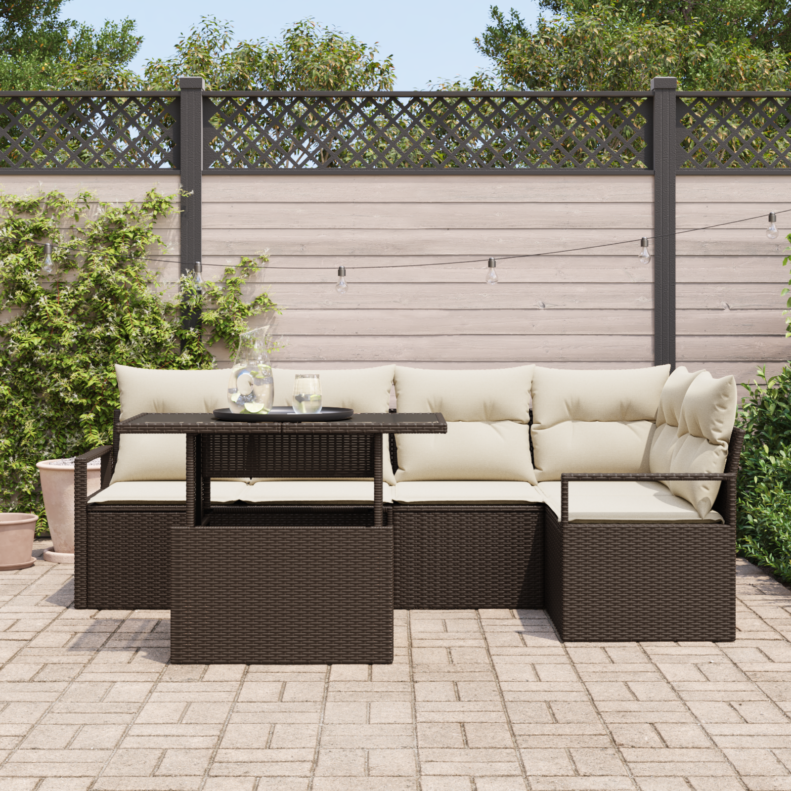 Set di Divani da Giardino  da 6 Pezzi con Cuscini Marrone Rattan Sintetico
