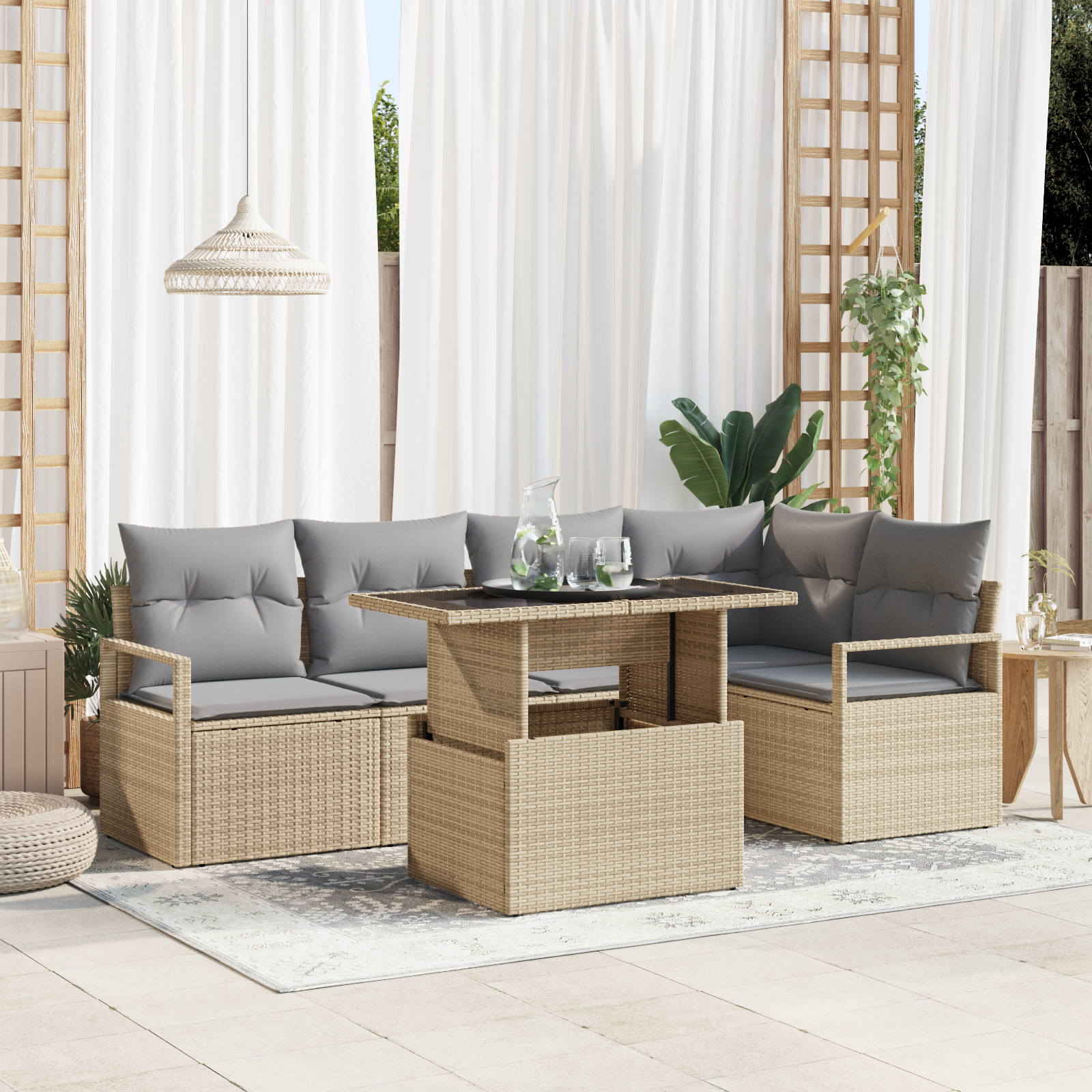 Set di Sofà da Giardino  6 Pezzi con Cuscini Rattan Beige