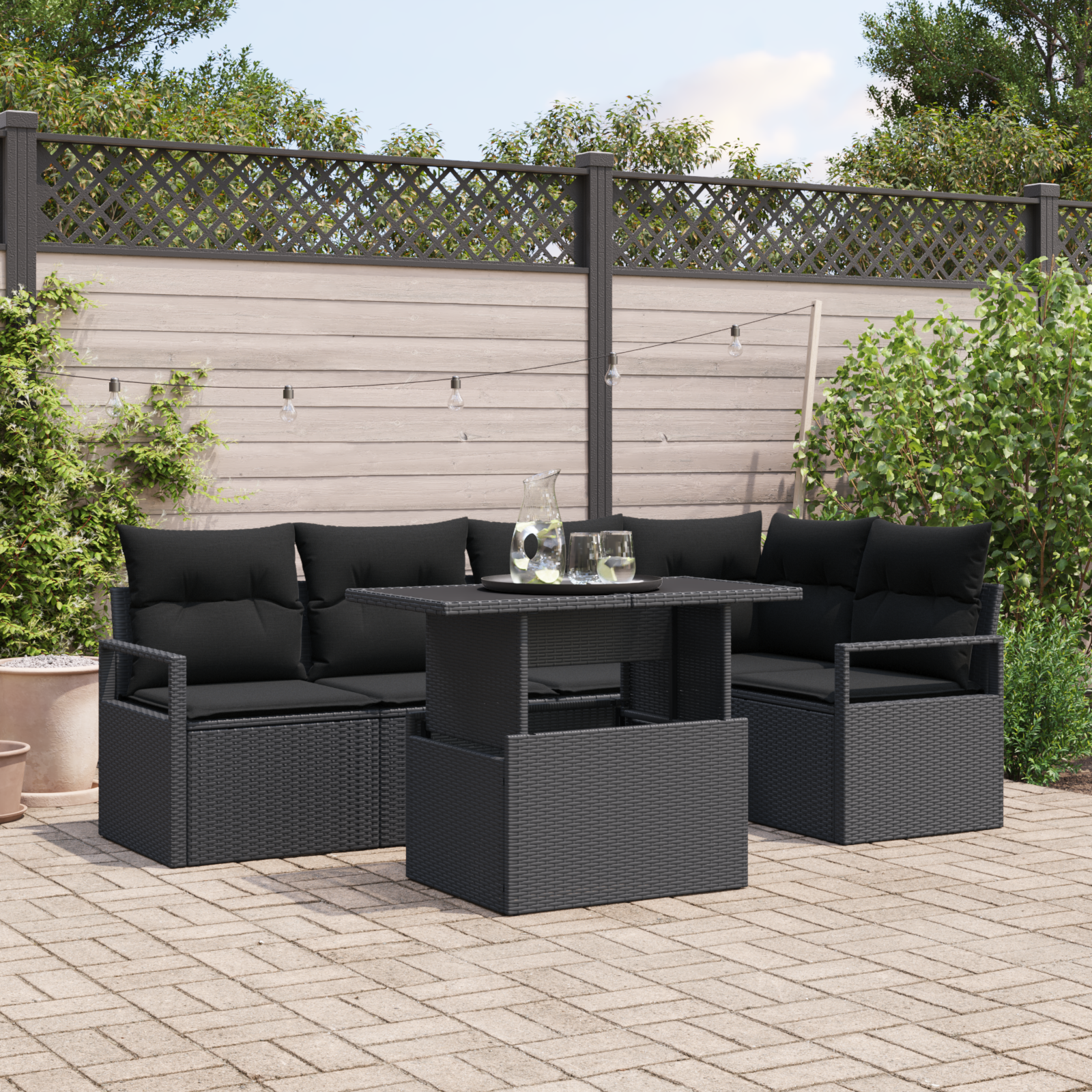 Set di Divani da Giardino  a 6 Pezzi con Cuscini Rattan Nero