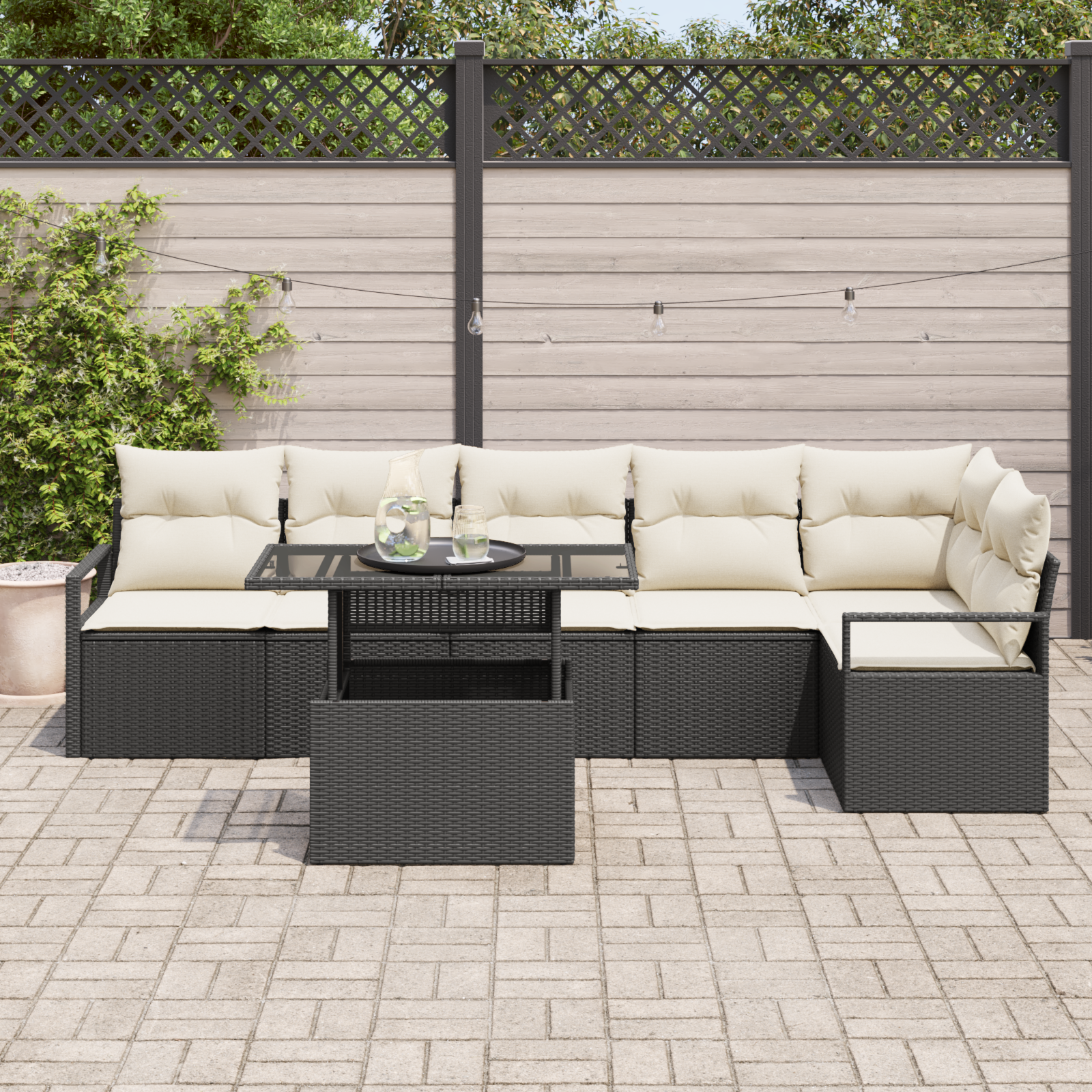 Set Divano Da Giardino 7 Pezzi Con Cuscini Nero Polyrattan