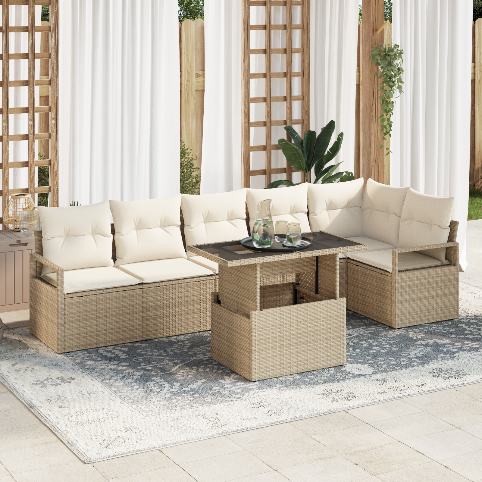 Set da Giardino 7 Pezzi con Cuscini Beige Rattan Polyrattan