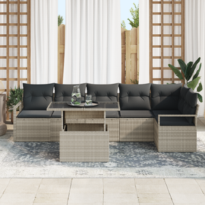 Set di Divani per Giardino da 7 Pezzi con Cuscini Grigio Chiaro in Rattan