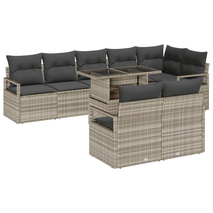 Set Sofa da Giardino in 9 Pezzi con Cuscini Grigio Chiaro Polyrattan