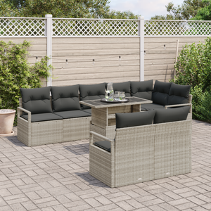 Set Sofa da Giardino in 9 Pezzi con Cuscini Grigio Chiaro Polyrattan