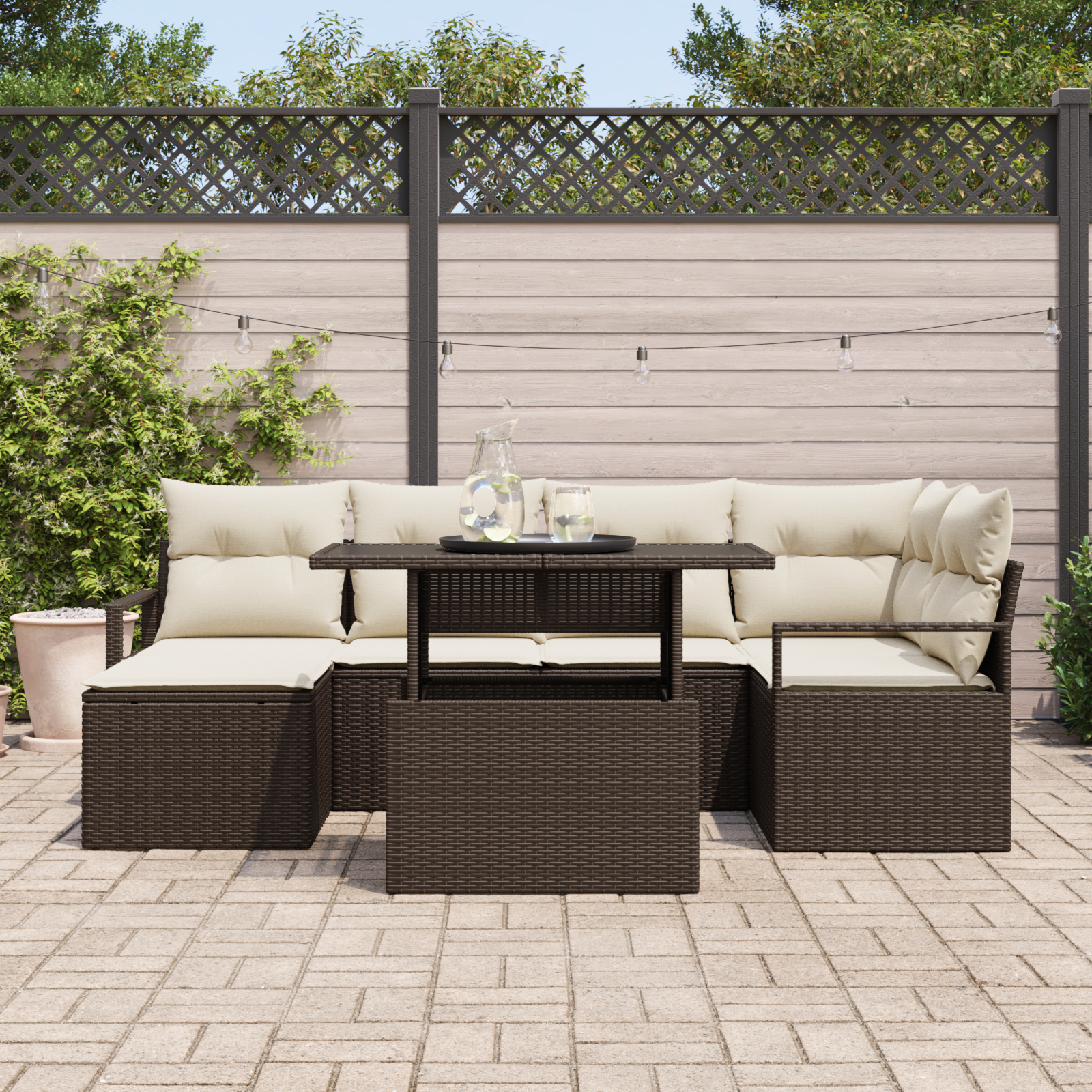 Set Divano Giardino 7 Pezzi con Cuscini Brown Poly Rattan di