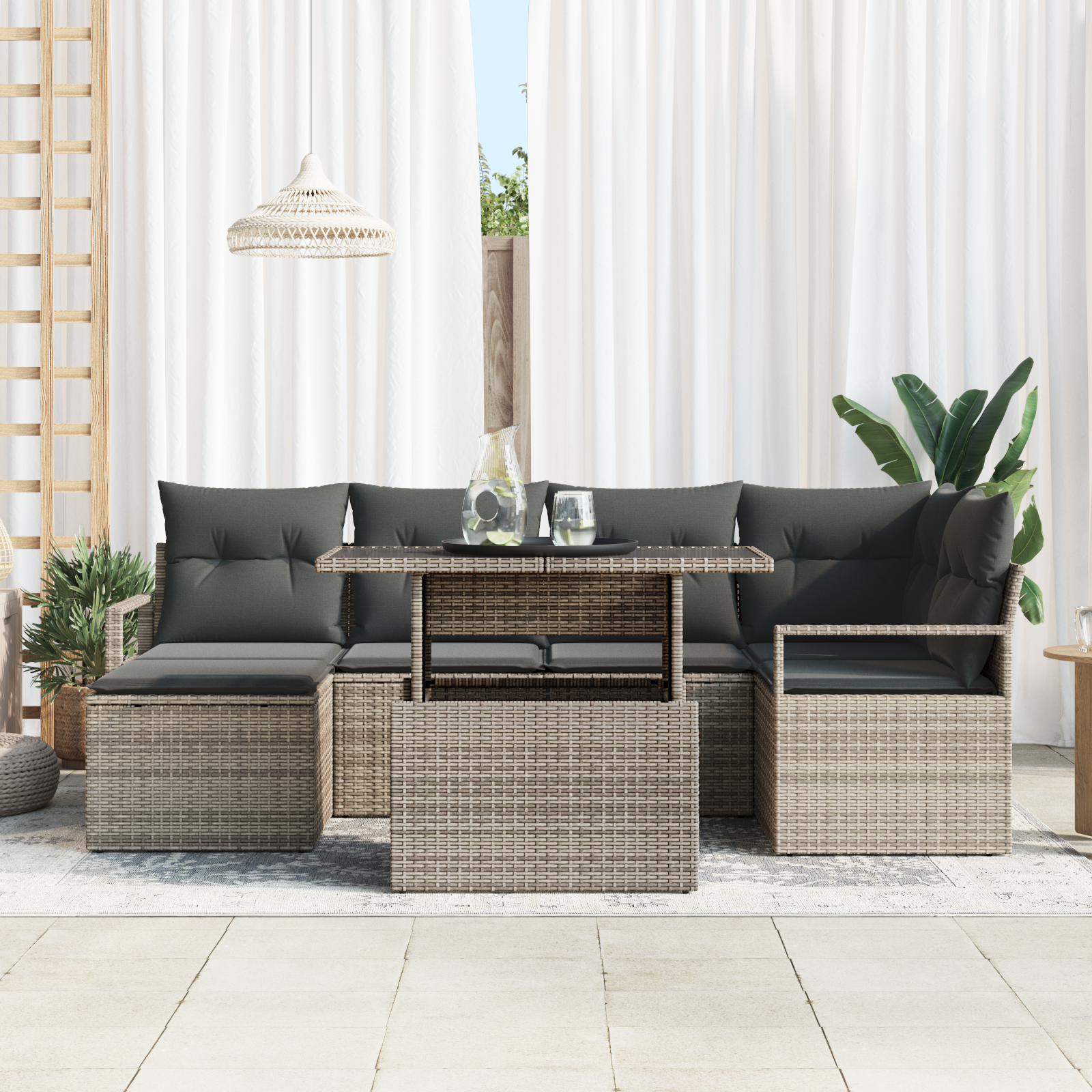 Set Divano da Giardino  7 Pezzi con Cuscini Grigio Polyrattan