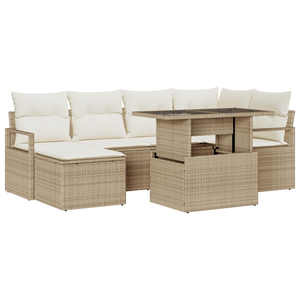 Set di Divani da Giardino a 7 Pezzi con Cuscini Beige in Polyrattan