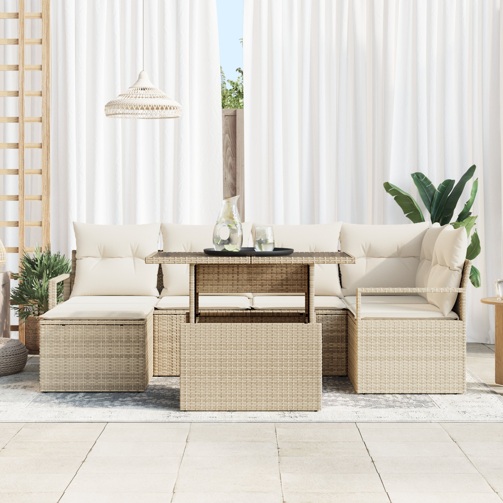 Set di Divani da Giardino a 7 Pezzi con Cuscini Beige in Polyrattan
