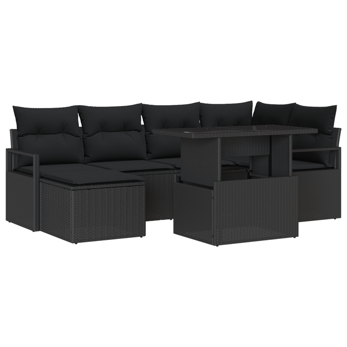 Set Divani Giardino  7 Pezzi con Cuscini Nero Polyrattan