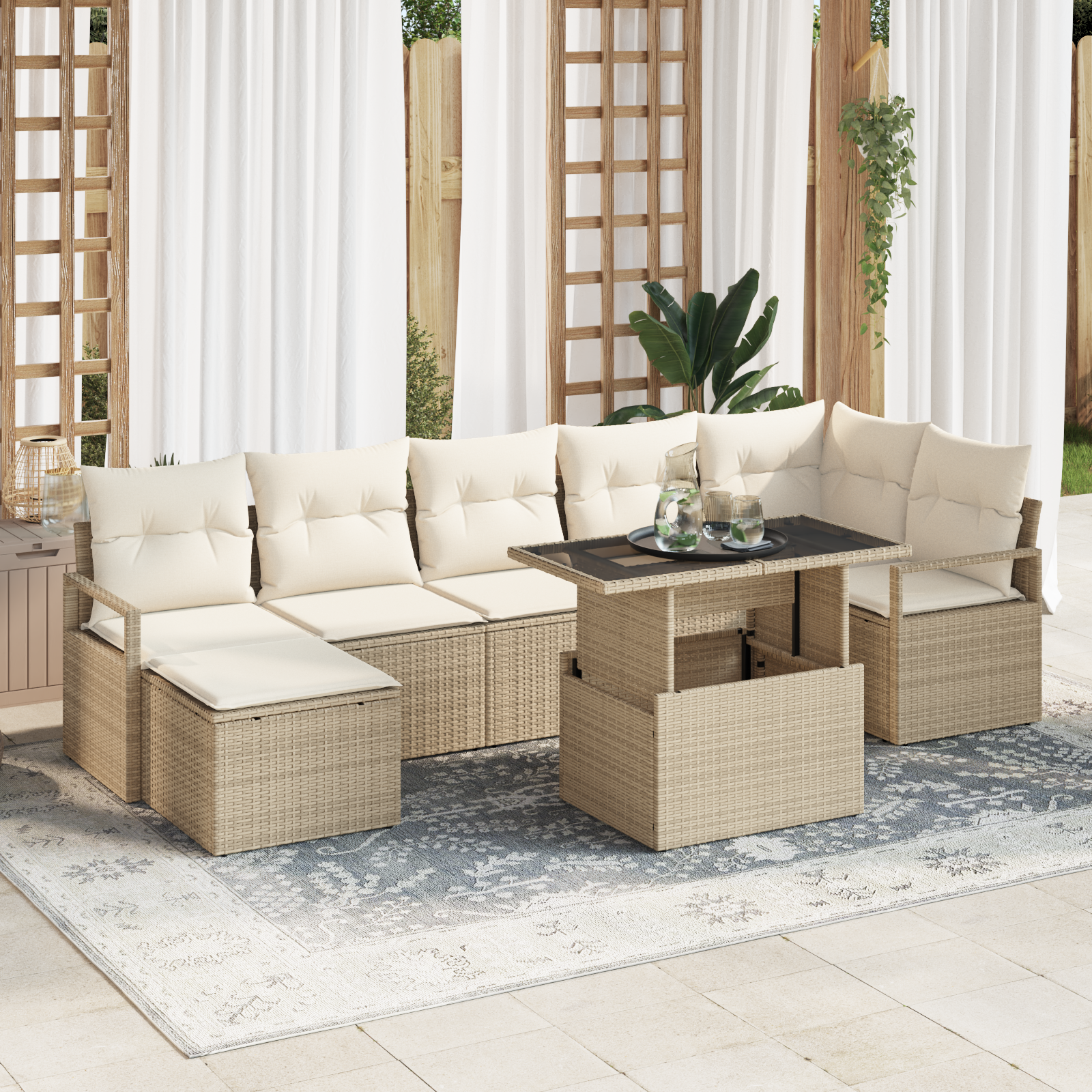 Set Divano da Giardino 8 Pezzi con Cuscini Beige Rattan Poliestere