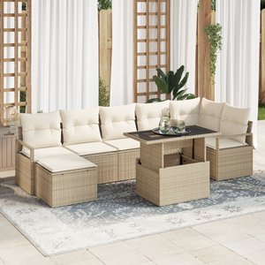 Set Divano da Giardino 8 Pezzi con Cuscini Beige Rattan Poliestere