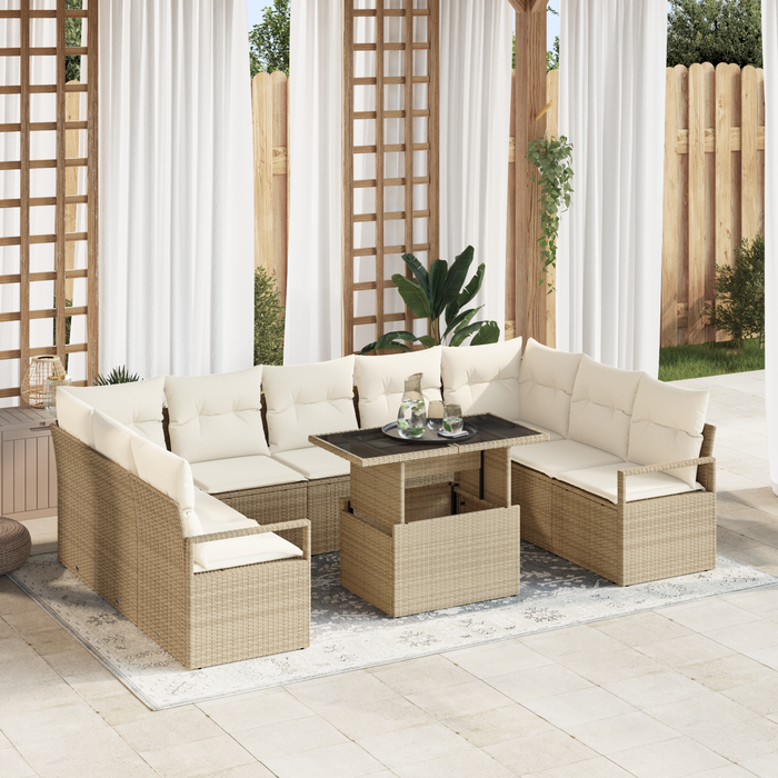 Set divano da giardino 10 pezzi con cuscini beige polyrattan