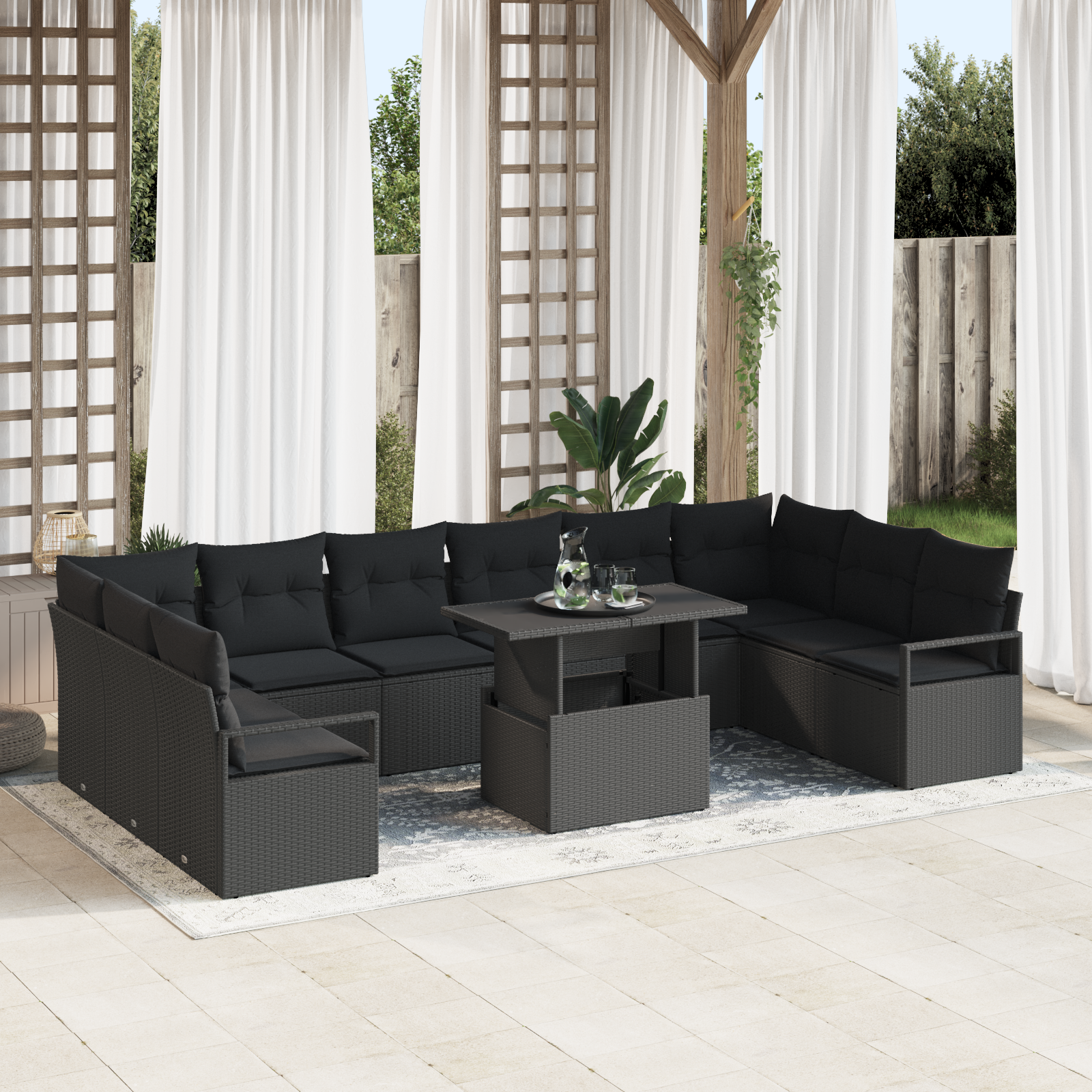 Set di Sofà da Giardino  11 Pezzi con Cuscini Rattan Polyrattan Nero