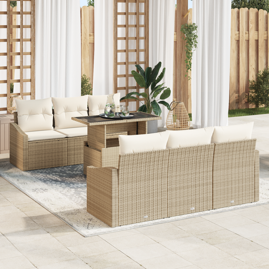 Set Divano da Giardino 7 Pezzi con Cuscini Beige in Polyrattan