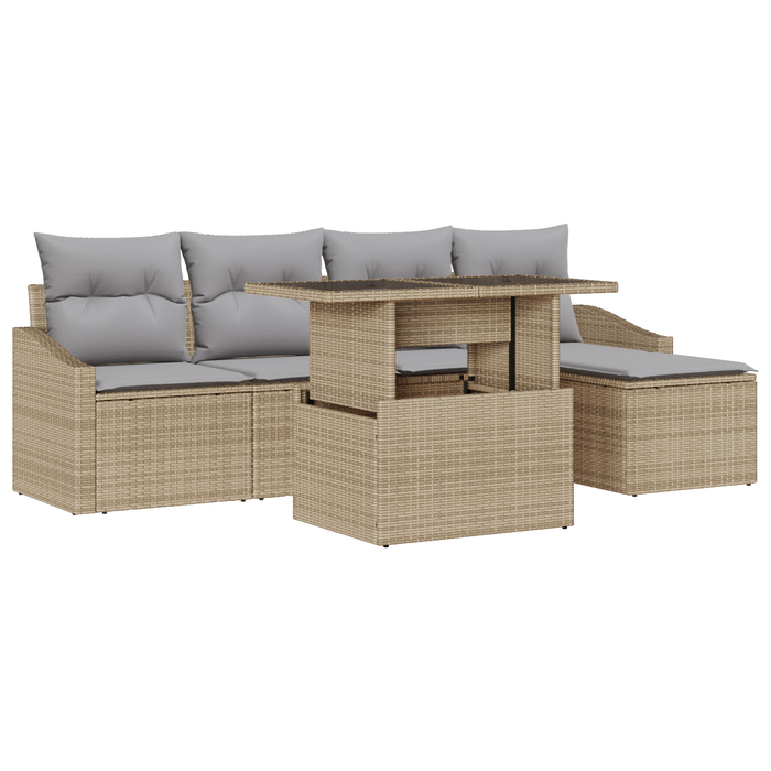 Set di Divani da Giardino a 6 Pezzi con Cuscini Beige in Polyrattan