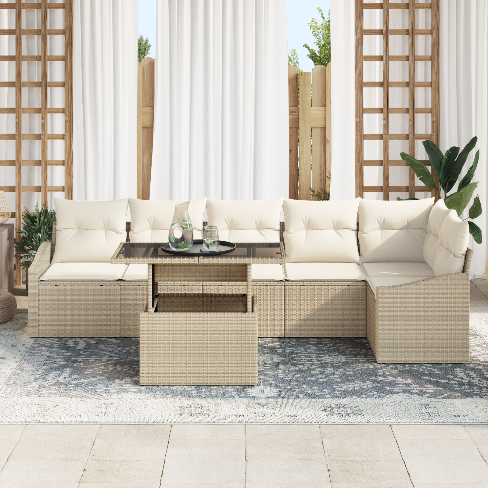 Set di Divani da Giardino in Rattan con Cuscini 7 Pezzi Beige