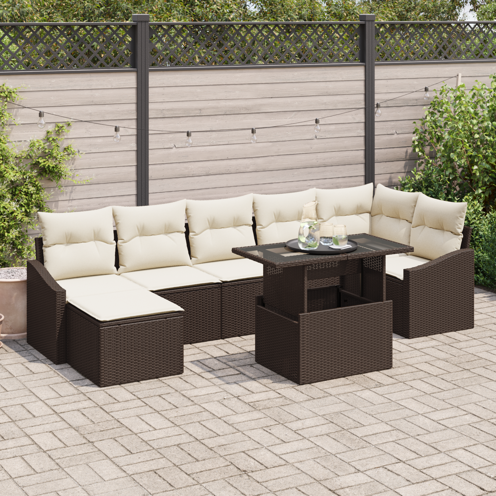 Set da Giardino 8 Pezzi con Cuscini Marrone in Rattan Polipro